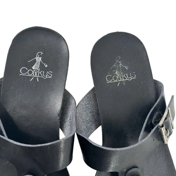 Corkys Thong Sandals Black Leather Womens Size 8 Roadway Classic Open Toe Flat - Picture 5 of 9